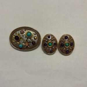 Michael Golan Vintage Multi Color Stones Two Tone Star Brooch Pin & Earrings